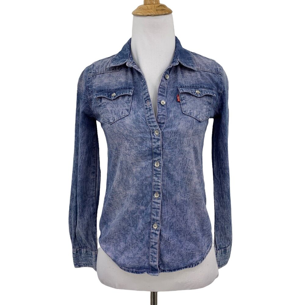 Levis Chambray Red Tinge Marble Jacket Youth M Medium Blue Button Front Pockets